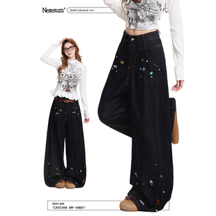 复古显瘦宽松阔腿裤 潮牌水洗弯刀裤 女美式 NERESUM小熊刺绣牛仔裤