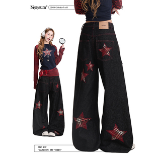 潮牌显瘦宽松阔腿裤 NERESUM格纹五角星贴布绣弯刀牛仔裤 女美式