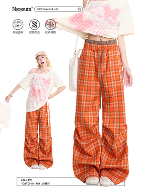 NERESUM复古橙色格纹阔腿裤女美式嘻哈褶皱休闲长裤街头直筒裤