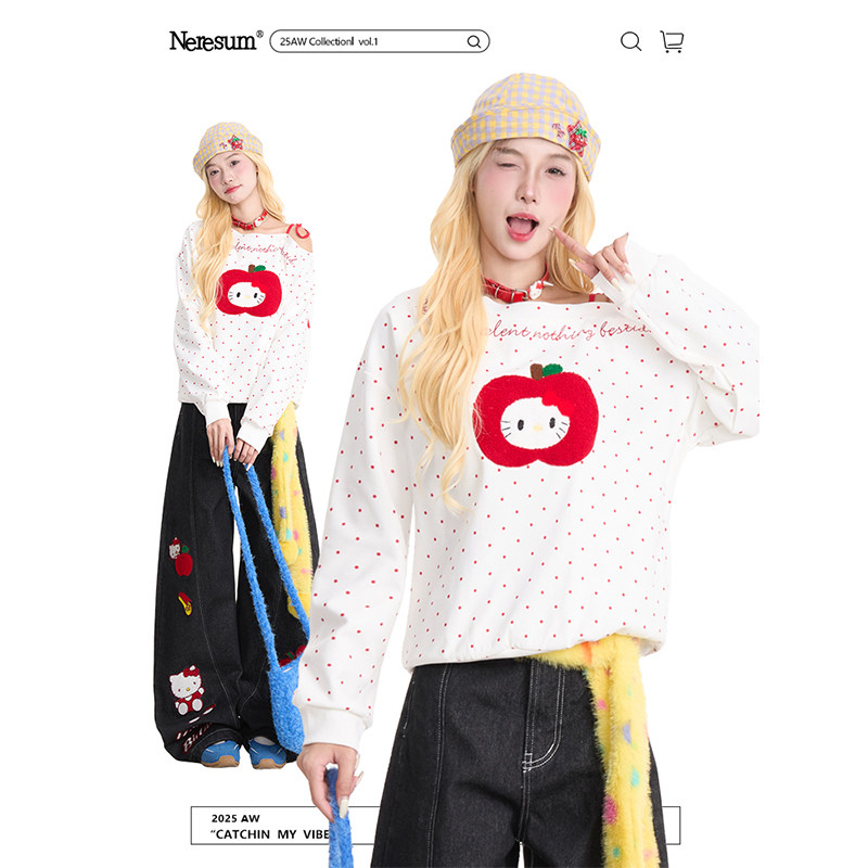 NERESUM苹果凯蒂猫植绒波点卫衣