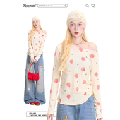 NERESUM草莓满印斜领长袖 上衣 罩衫 T恤女新款 潮牌减龄宽松百搭薄款