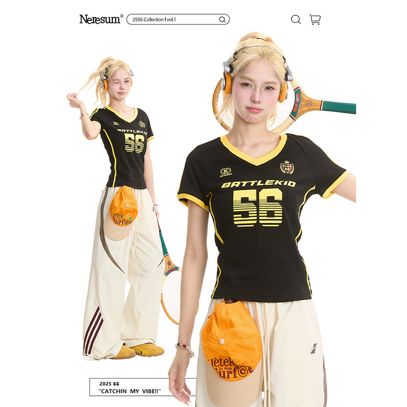 NERESUM美式复古运动风短袖T恤女条纹撞色夏季百搭修身球衣上衣,女装/女士精品,T恤,淘宝优惠券,粉丝福利购,淘宝优惠卷