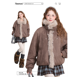 NERESUM座山雕麂皮绒立领棉服女冬季 潮牌加厚保暖棉衣外套 美式