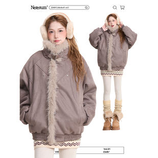 NERESUM美式 高级感麂皮绒加厚毛绒棉服外套 解构座山雕棉衣女冬季