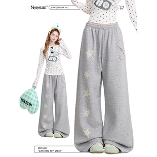 直筒显瘦阔腿休闲裤 潮牌慵懒运动裤 女美式 NERESUM花灰色印花卫裤