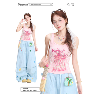 NERESUM美式字母条纹工字背心女夏季辣妹外穿运动显瘦短款上衣