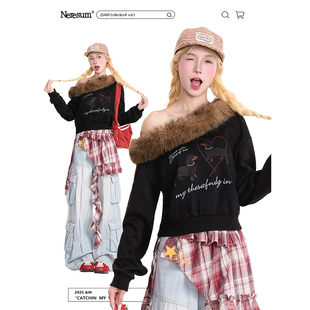 百搭宽松短款 新款 上衣 腊肠狗毛领斜肩卫衣女2025秋季 NERESUM美式