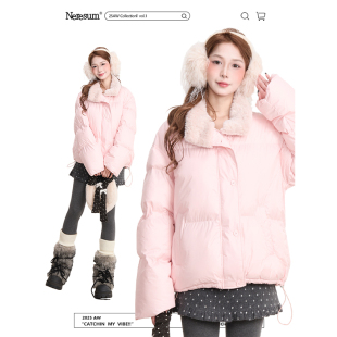 NERESUM甜美粉色毛领棉服外套女冬季潮牌简约加厚保暖面包服棉衣