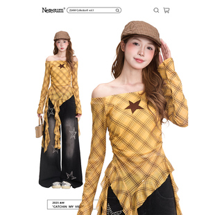 街头辣妹风显瘦一字领上衣 T恤女春季 NERESUM美式 复古格纹飘带长袖