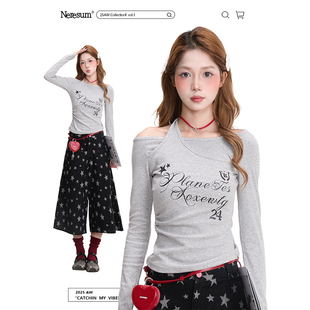 T恤女设计感辣妹挂脖露肩短款 长袖 上衣 字母印花修身 NERESUM美式