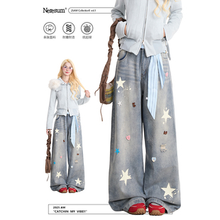 垂感阔腿长裤 做旧水洗直筒裤 女美式 NERESUM复古星星印花牛仔裤
