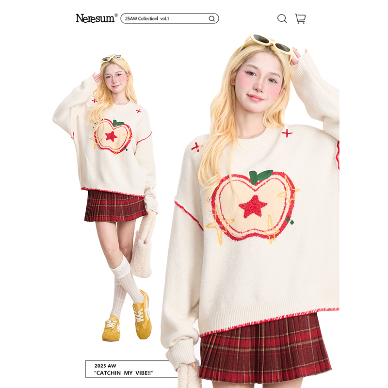 NERESUM苹果植绒秋冬套头毛衣