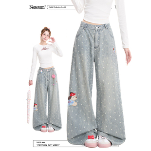 子 做旧宽松直筒阔腿裤 NERESUM腊肠狗星星满印条纹牛仔裤 女美式
