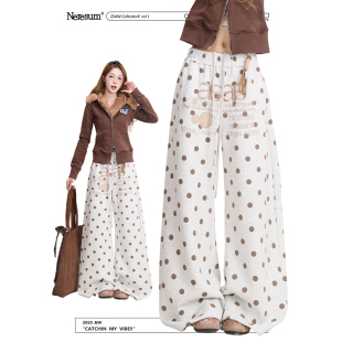 复古阔腿休闲裤 垂感弯刀裤 女美式 NERESUM满印波点字母刺绣卫裤