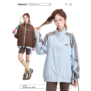 NERESUM美式 复古条纹字母刺绣夹克女潮牌双面穿运动百搭拉链外套