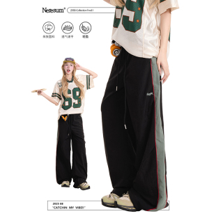 直筒显瘦百搭裤 NERESUM复古撞色工装 潮牌褶皱阔腿裤 女美式 子 裤