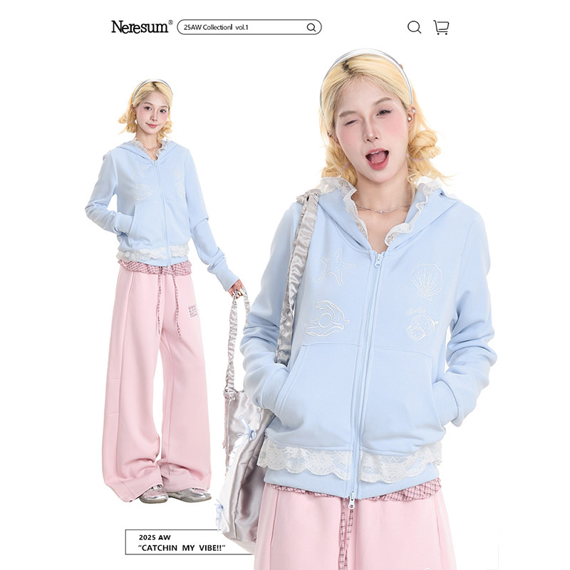 NERESUM海星刺绣短款连帽卫衣女蕾丝拼接设计感秋冬保暖开衫外套