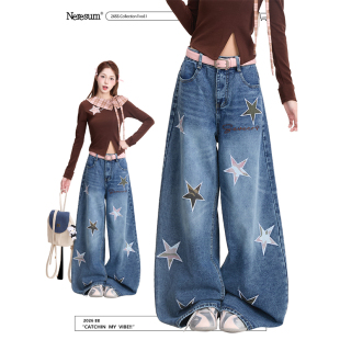 宽松长裤 美式 女复古轻亚风弯刀阔腿裤 NERESUM五角星刺绣牛仔裤