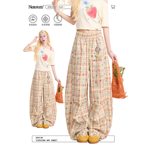 NERESUM撞色格子裤子星星挂件弯刀裤女ins休闲慵懒宽松阔腿直筒裤