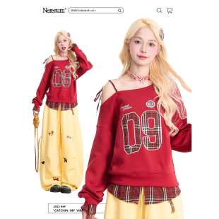 宽松吊带长袖 美式 上衣 新款 NERESUM复古格纹拼接斜领卫衣女秋季