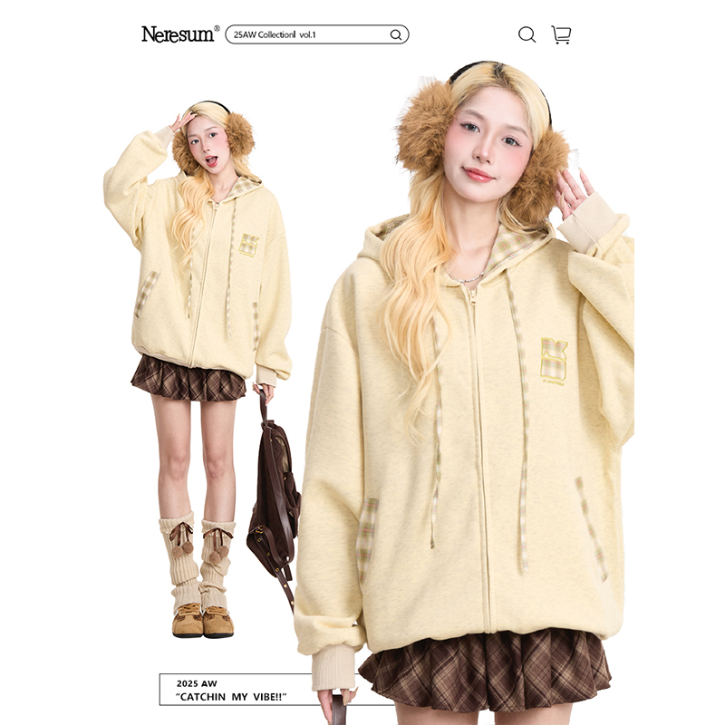 NERESUM美式复古格纹连帽卫衣