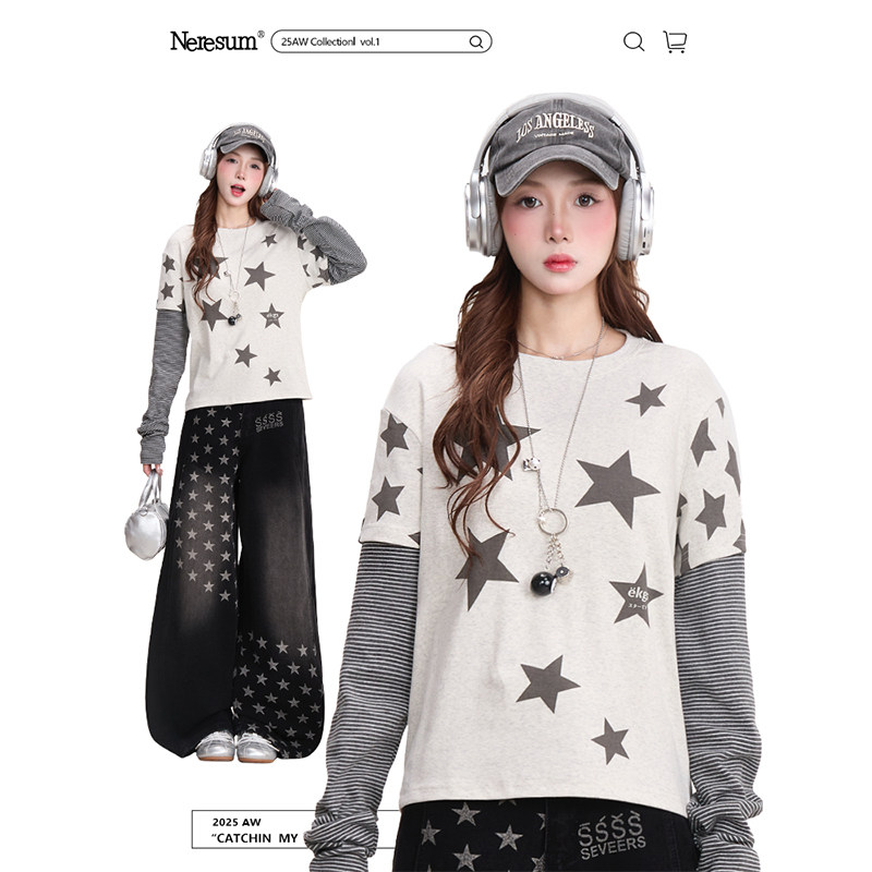 NERESUM复古星星条纹拼接长袖T恤女Y2K亚文化穿搭假两件短款上衣,女装/女士精品,T恤,淘宝优惠券,粉丝福利购,淘宝优惠卷