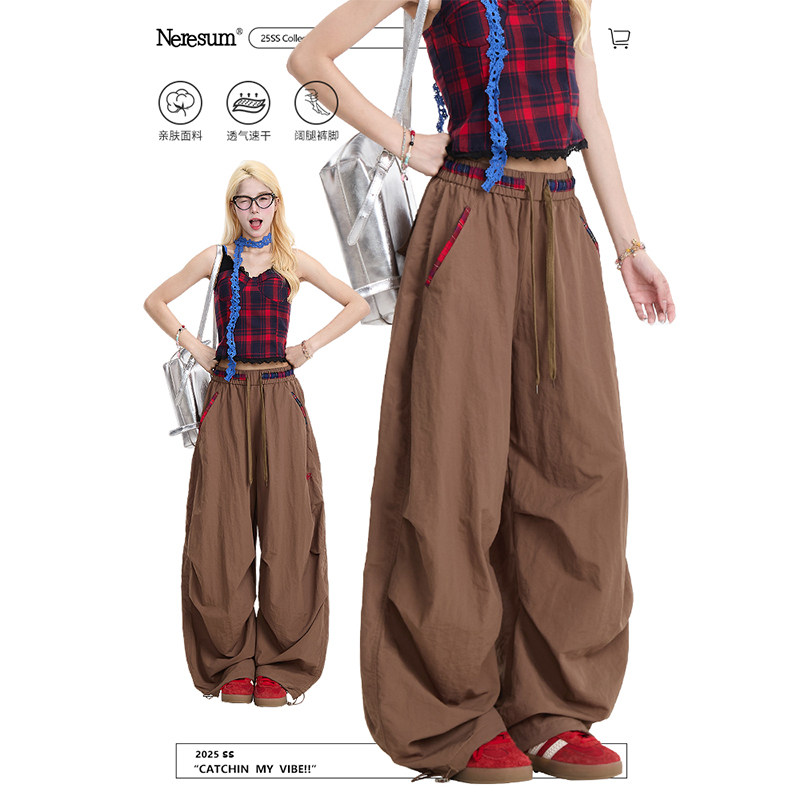 NERESUM工装裤女复古格子撞色弯刀伞兵裤美式褶皱阔腿显瘦直筒裤,女装/女士精品,休闲裤,淘宝优惠券,粉丝福利购,淘宝优惠卷
