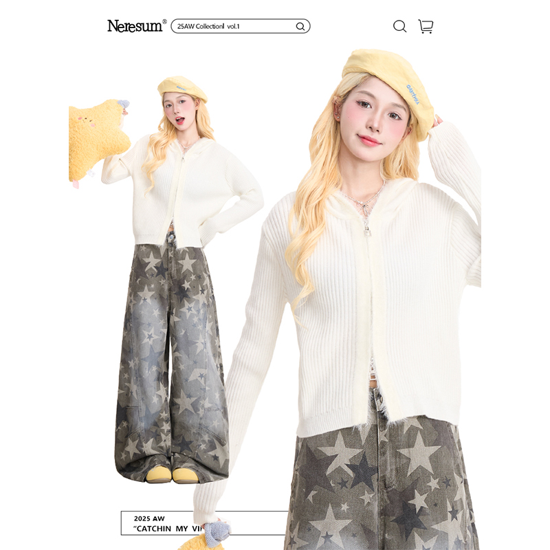 NERESUM猫耳毛边秋季连帽毛衣