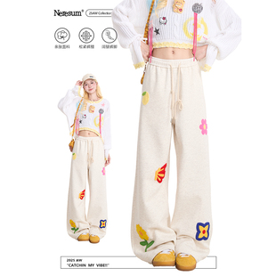 垂感宽松休闲裤 潮牌慵懒直筒新款 女美式 NERESUM花卉刺绣运动卫裤