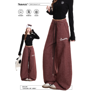 慵懒阔腿休闲裤 垂感宽松运动裤 女美式 NERESUM复古红色条纹卫裤