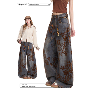 复古宽松阔腿裤 设计感水洗弯刀裤 子 女美式 NERESUM花卉植绒牛仔裤
