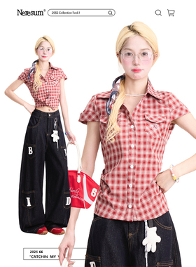 NERESUM复古红色格纹短袖衬衫女夏季学院风掐腰显瘦修身休闲衬衣