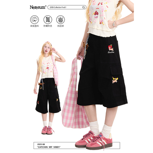 潮牌慵懒宽松直筒显瘦短裤 女美式 七分裤 NERESUM趣味小狗刺绣工装