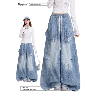 NERESUM星星满印工装牛仔裤女韩系轻亚风宽松裤子褶皱直筒阔腿裤