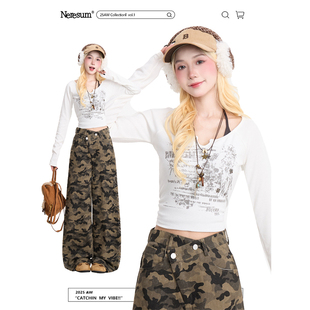 做旧字母印花打底衫 NERESUM美式 女秋季 长袖 百搭上衣T恤 辣妹风短款