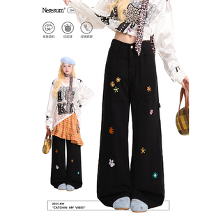 宽松百搭休闲裤 潮牌水洗直筒裤 子 女美式 NERESUM花朵刺绣牛仔裤