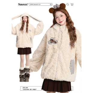 NERESUM可爱兔耳羊羔绒连帽棉袄外套女冬季毛茸茸减龄保暖棉衣