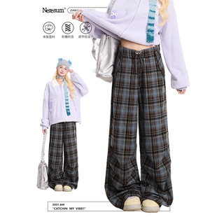 垂感宽松直筒裤 NERESUM蓝色格纹裤 复古褶皱阔腿裤 女美式 子休闲裤