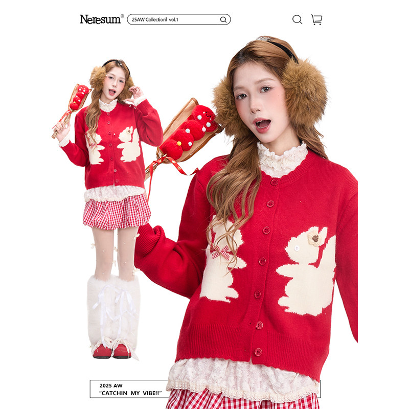NERESUM可爱兔子圣诞红色毛衣开衫女新年软糯慵懒显瘦短款针织衫