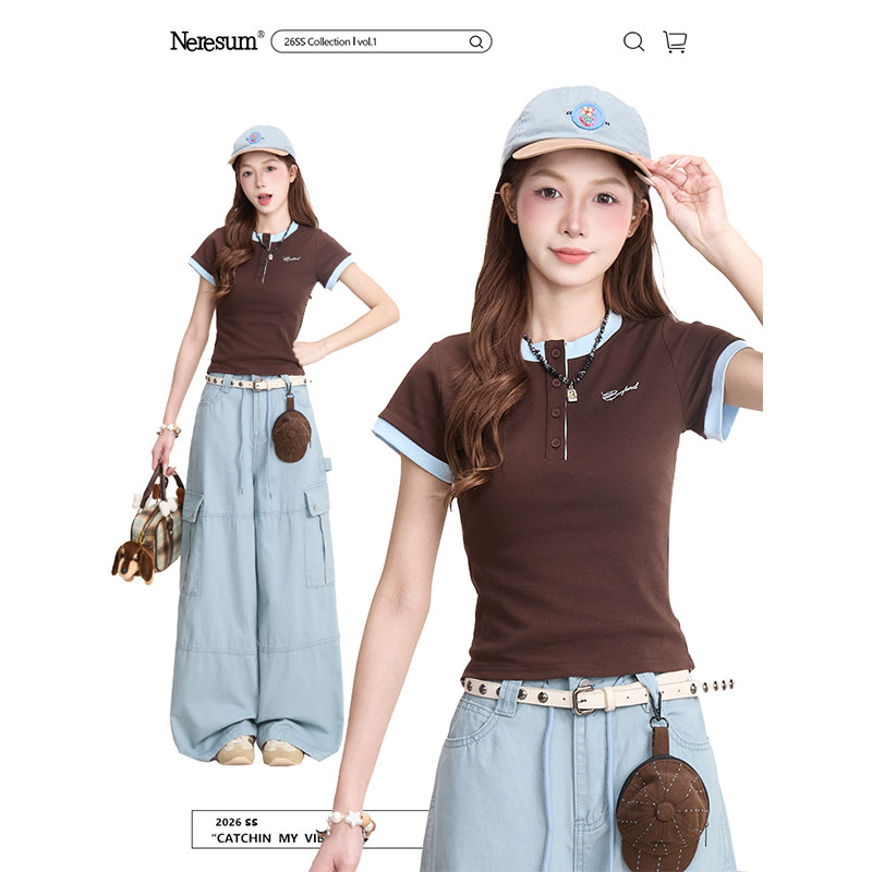 NERESUM假两件拼色亨利领短袖T恤女夏季潮牌复古正肩显瘦短款上衣图片