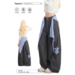 百搭休闲阔腿直筒裤 NERESUM格纹星星屁帘裤 裤 复古工装 子女美式