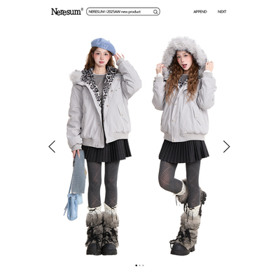 NERESUM豹纹拼接毛领连帽棉衣