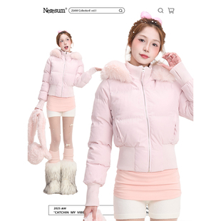 NERESUM甜美粉色毛领连帽棉服女冬季高级感保暖短款棉衣厚外套