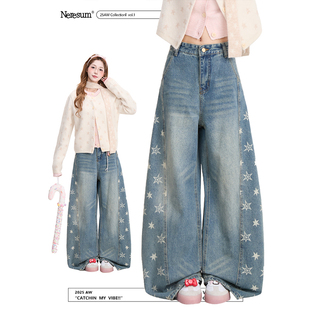 显瘦垂感拖地阔腿裤 复古弯刀裤 女美式 NERESUM星星印花蓝色牛仔裤