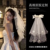 lolita公主蝴蝶结头纱领证求婚新娘蓬蓬纱主婚纱高级头饰拍照道具