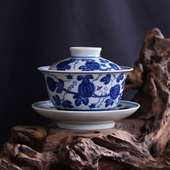 水堂 手绘西瓜柴烧青花盖碗 限量款 元 柴窑 仿古原矿 大号 200ML