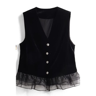 欧洲站小香风金丝绒马甲背心女春秋新款 上衣潮 欧根纱拼接百搭无袖