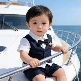 男宝宝周岁生日服英伦学院风儿童礼服男童夏季藏青拼白假两件