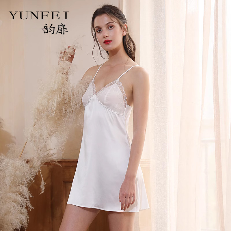 韵扉高端桑蚕丝吊带睡裙女小性感白色仙女风蕾丝真丝舒适睡衣薄款