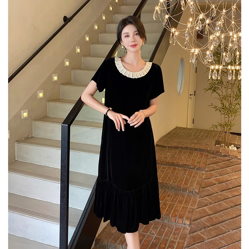2025夏季减龄气质真丝丝绒连衣裙女娃娃领短袖高端桑蚕丝中长裙